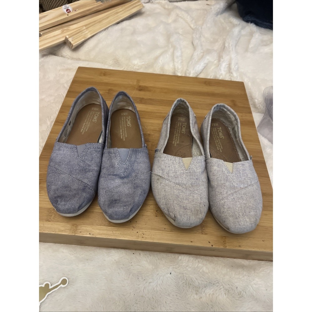 2 Pairs Toms Alpargata Womens Slip on Casual Shoes Sz 6.5 Blue Pinstripe & Beige